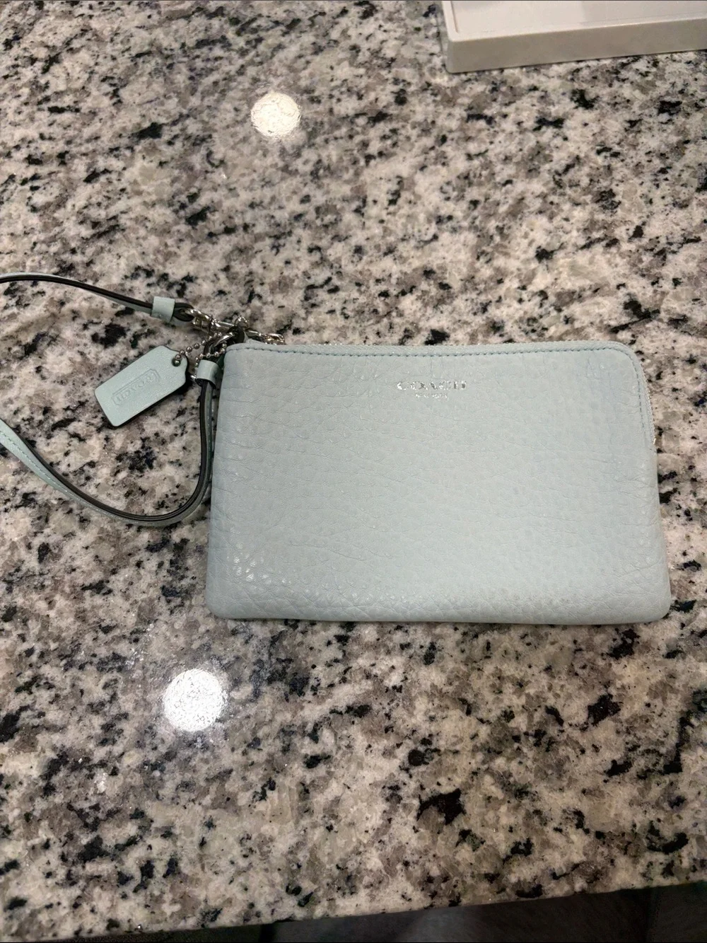 Coach Pale Blue Pebbled Leather Wristlet with Strap